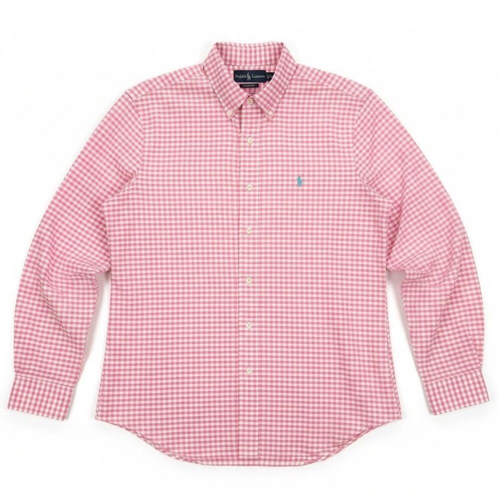 RALPH LAUREN Men's GINGHAM OXFORD Shirt CUSTOM FIT Pink w/BLUE PONY Size LARGE